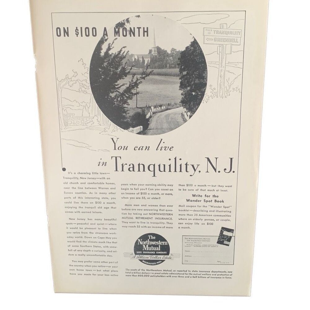 Vintage 1935 Northwestern Mutual Tranquility NJ Ad Advertisement